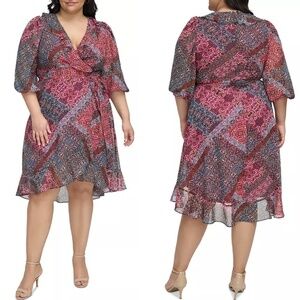 NWT Jessica Howard Chiffon Faux Wrap Ruffle Hem Midi Dress Sz. 18W